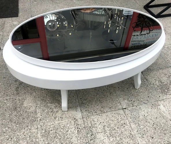 Döner Orta sehpa 13828 OVAL Klasik Kayın Retro Ayak MDF Tabla Beyaz füme cam