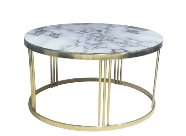 Brc 14057 Sehpa C Model BEYAZ MERMER TEMPER Cam Metal GOLD renk Ayak El Yapım - 2