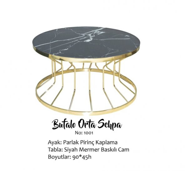 Brc 14051 Orta Sehp Bufalo SİYAH Mermer TEMPER Cam Metal GOLD renk kaplam El yapı