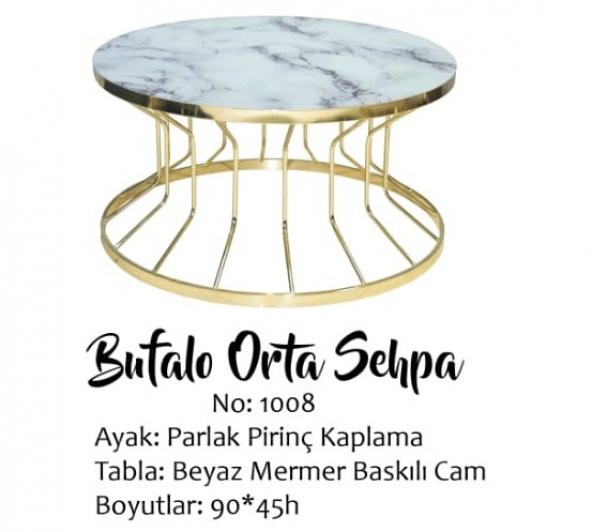 Brc Orta Sehpa 14052 Bufalo MODEL Beyaz Mermer TEMPER Cam Metal çelik GOLD renk kaplama El Yapım