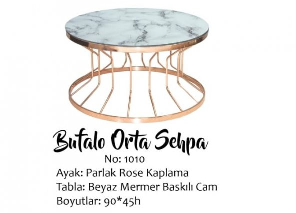 Brc 14053 Orta Sehpa Bufalo Beyaz Mermer TEMPER Cam Rose renk kaplama El Yapım