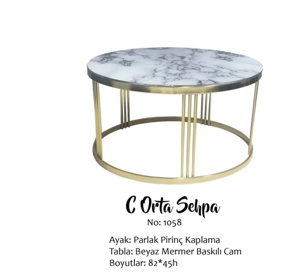 Brc 14057 Sehpa C Model BEYAZ MERMER TEMPER Cam Metal GOLD renk Ayak El Yapım