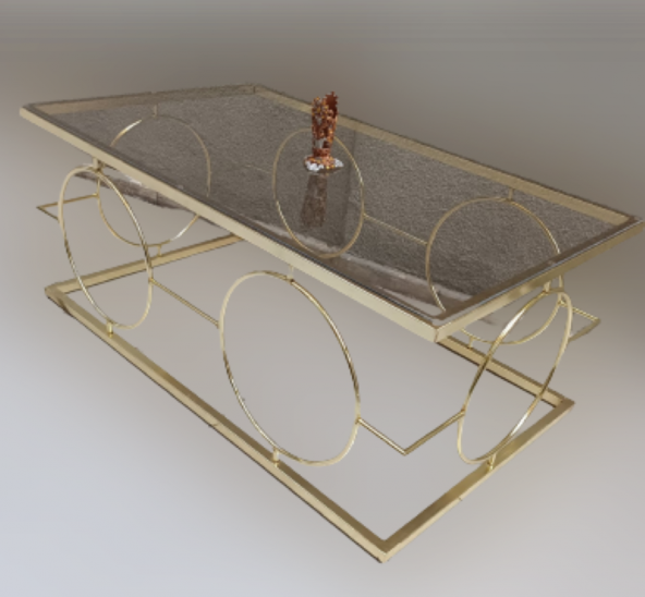 Orta Sehpa ZLF 17143 Halkalı Model Metal Gold renk Kaplama Temper Cam El Yapım - Resim 2