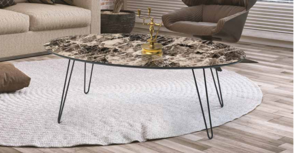 Orta sehpa 11780 OSM OVAL MODEL Parlak Ahşap mermer MDF tabla Metl V ayak El Yapı - Resim 2