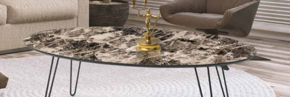 Orta sehpa 11780 OSM OVAL MODEL Parlak Ahşap mermer MDF tabla Metl V ayak El Yapı - Resim 4