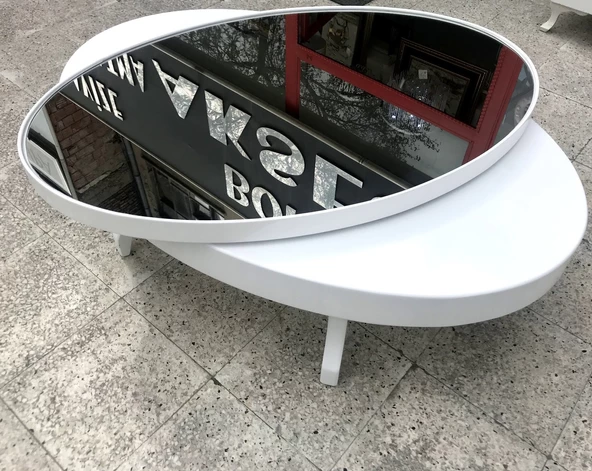 Orta sehpa 17140 Dönerli OVAL İNOVATİF Kayın Ayak MDF Tabla Parlak Beyaz füme cam