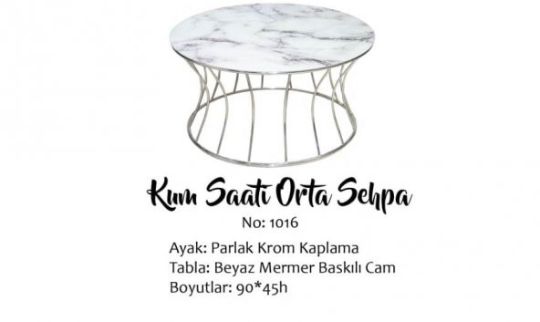 Brc 17553 ORTA SEHPA Kum saat Beyaz Mermer Temper Cam Metal Crom Kaplam El Yapım - 4