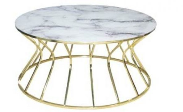 17562 Orta Sehpa Cadde Model Beyaz Mermer Temper Cam Metal GOLD Kaplama El Yapım