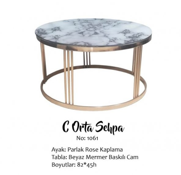 Brc 17566 Orta sehpa C Beyaz mermer Temper Cam Metal ROSE Kaplama Ayak El yapım - Resim 3