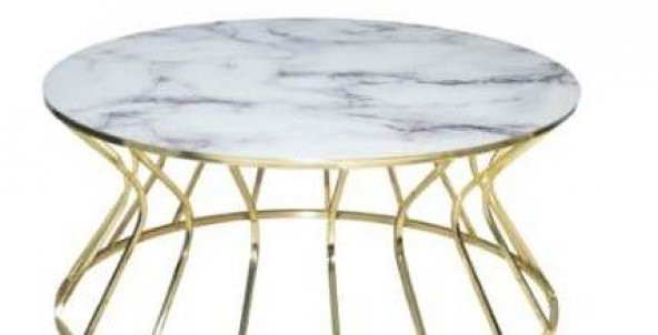 17562 Orta Sehpa Cadde Model Beyaz Mermer Temper Cam Metal GOLD Kaplama El Yapım - Resim 3