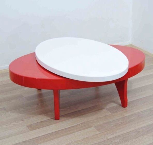 Orta sehpa 17780 Döner OVAL Kayın Retro Ayak Mdf Tabla Beyaz Kırmızı El Yapım