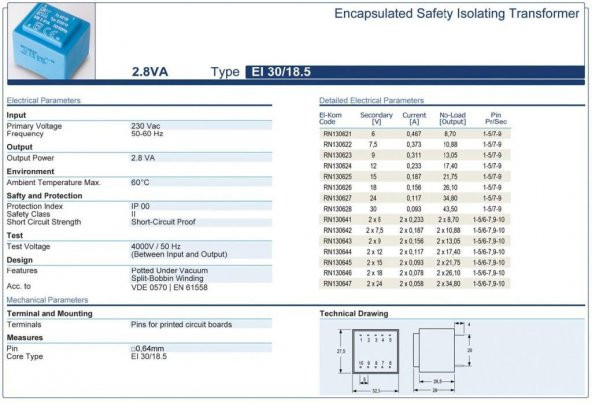Trafo El-Kom 2,8VA 0-7,5V Mavi RN130622 - 2