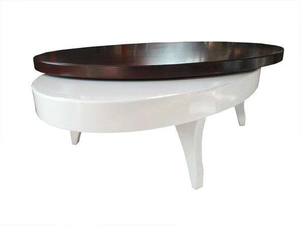 Orta sehpa 18036 Döner OVAL İNOVATİF Kayın Ayak Şık MDF-cam Tabla Parlak Beyaz - Resim 4