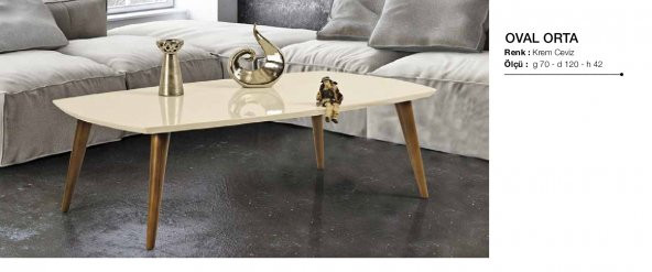 Orta Sehpa 18264 OSM OVAL Model Ceviz Krem Ahşap Kayın torna Retro ayak El Yapım - 2