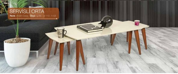 Orta Sehpa 18268 OSM SERVİSLİ Model Sehpa Parlak Ceviz Krem Kayın ayak El yapım - 2