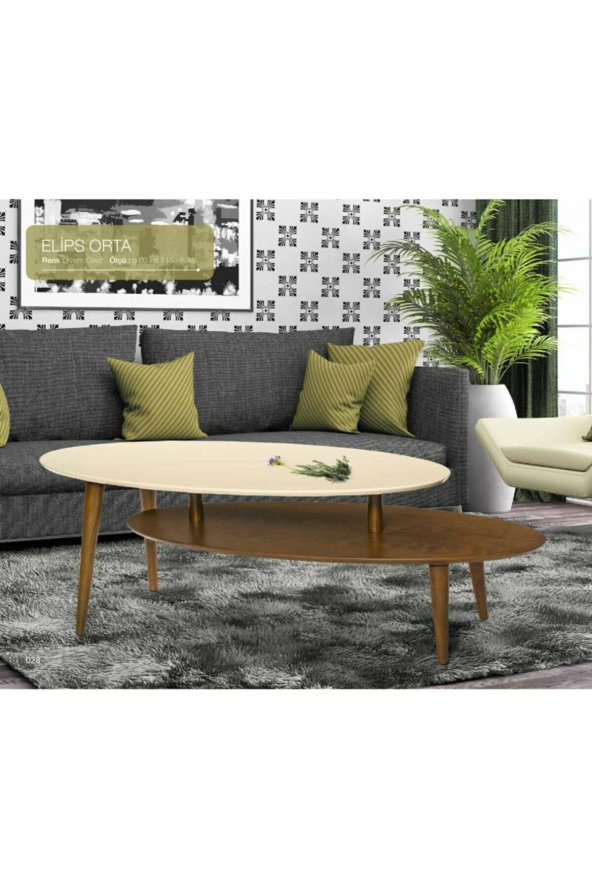 Orta sehpa 18528 OSM Elips MODEL Parlak Ceviz Krem Kayın torna Klasik Retro ayak Elyapı - 2