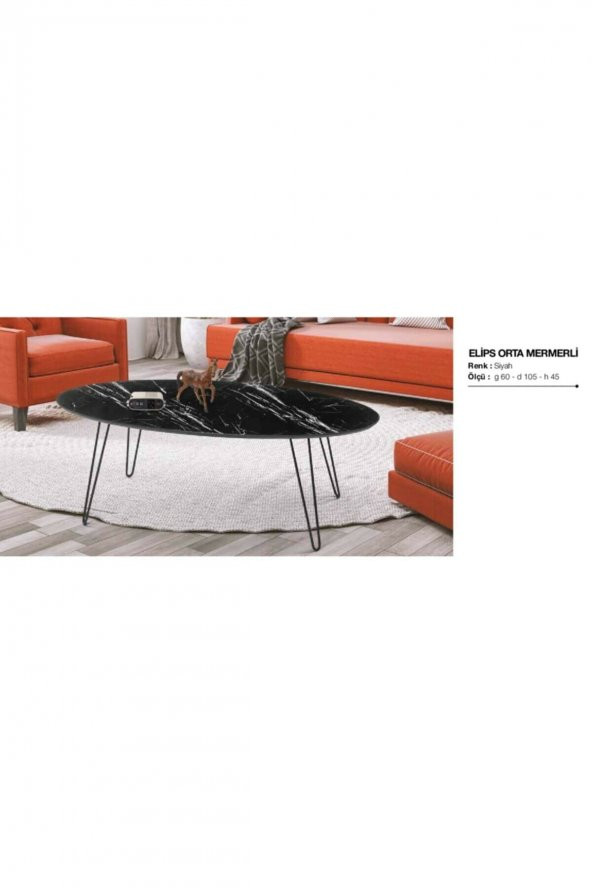 Orta Sehpa OSM 18529 ELİPS Model Metal V ayak Siyah Mermer Desen tabla El Yapım