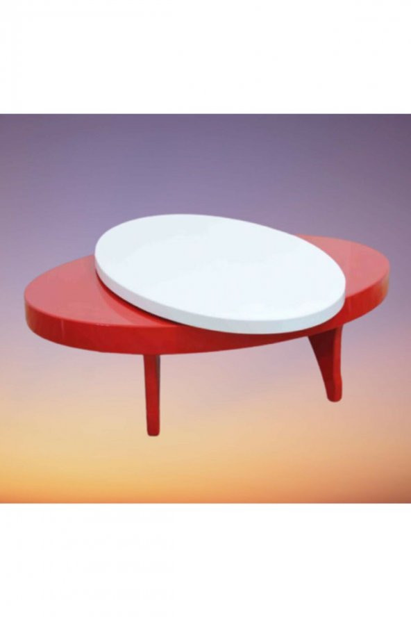 Dönerli Orta 18586 sehpa Oval Kayın Retro Ayak MDF Tabla Beyaz Kırmızı El yapım - 4