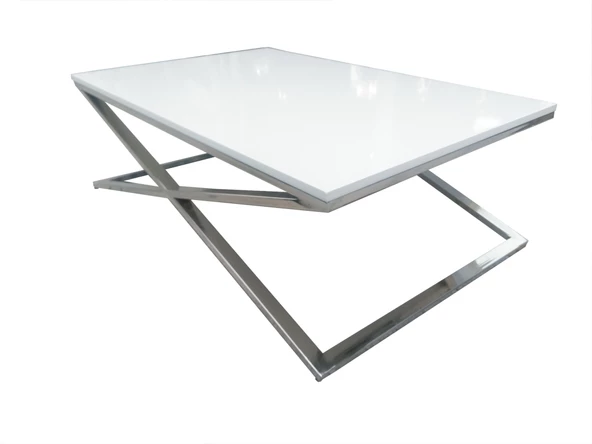 Orta Sehpa X 13658 Çapraz Model Metal Nikelaj Ayak Parlak Beyaz Tabla El Yapım - 3