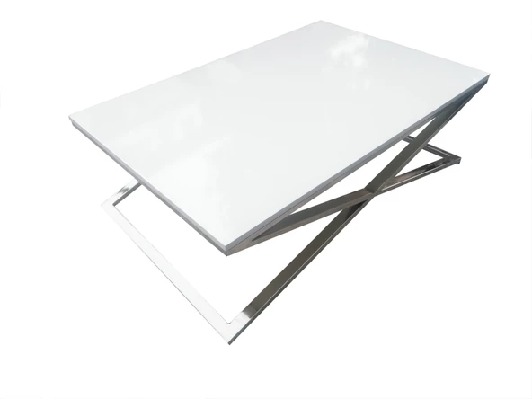 Orta Sehpa X 13658 Çapraz Model Metal Nikelaj Ayak Parlak Beyaz Tabla El Yapım - 2
