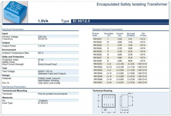 Trafo  EL-KOM 1,5VA 0-15V mavi RN130325 - 2