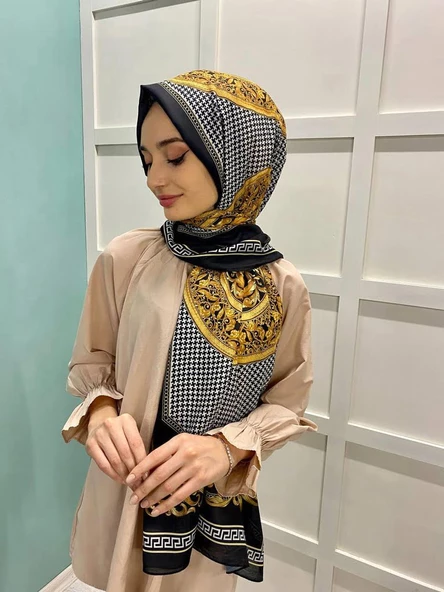 La Boutique Nostalji Herbal Kazayağı Desenli Şal 9006  SİYAH - Resim 3