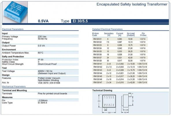 Trafo El-Kom 0,5VA 2X12V mavi RN130144 - 2