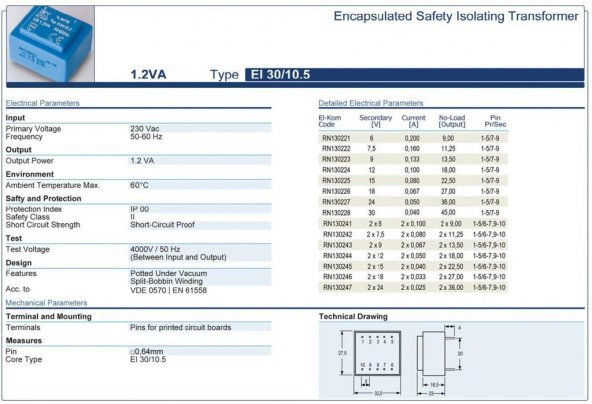 Trafo El-Kom 1,2VA 2X7,5V mavi RN130242 - 2