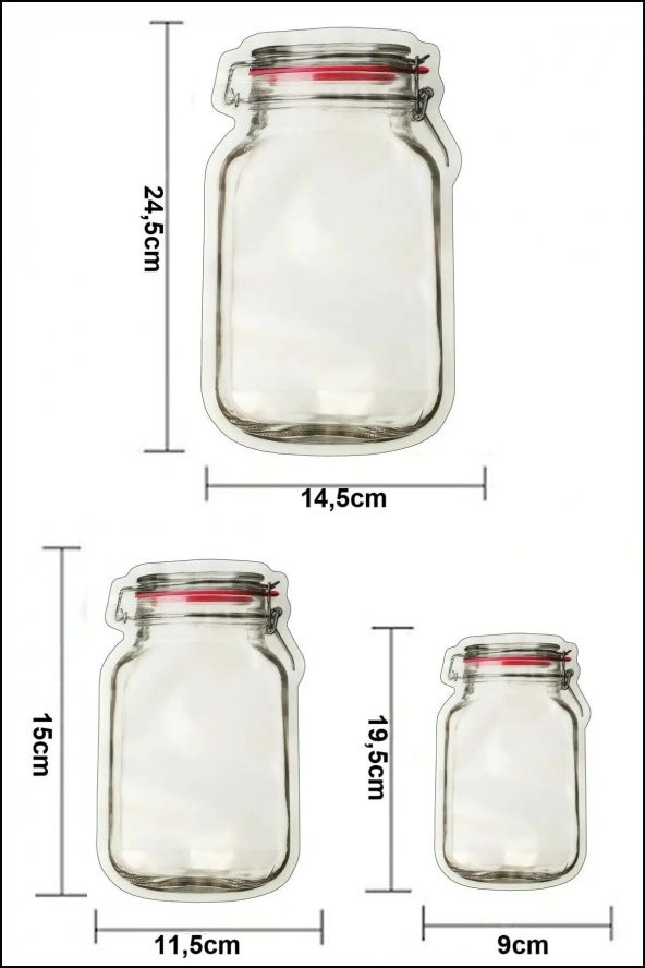9 Adet 3 Boy Kavanoz Görünümlü Kilitli Saklama Kabı / 150ml - 500ml - 620ml - 2