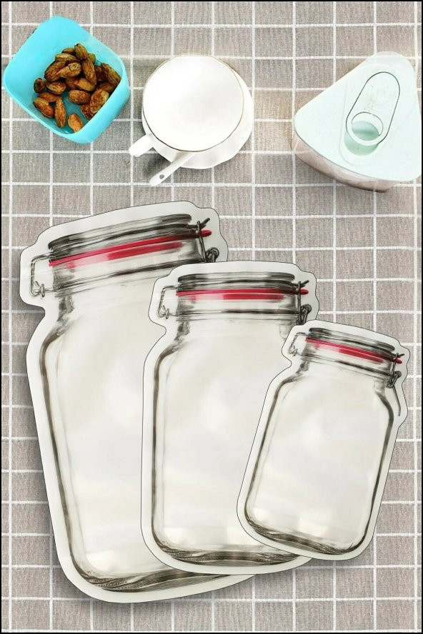 9 Adet 3 Boy Kavanoz Görünümlü Kilitli Saklama Kabı / 150ml - 500ml - 620ml - 3