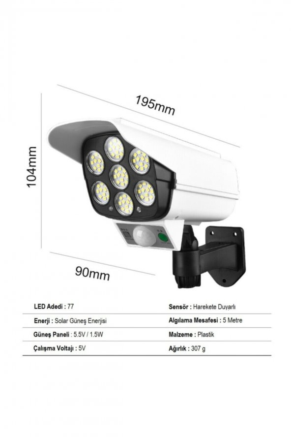 Solar Güneş Enerjili Hareket Sensörlü Güvenlik Kamerası Görünümlü 77 Ledli Dış Mekan Bahçe Garaj - Resim 4