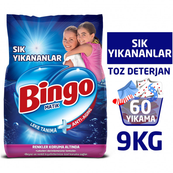 Bingo Matik Sık Yıkanan 9 kg Beyazlar ve Renkliler için Toz Çamaşır Deterjanı