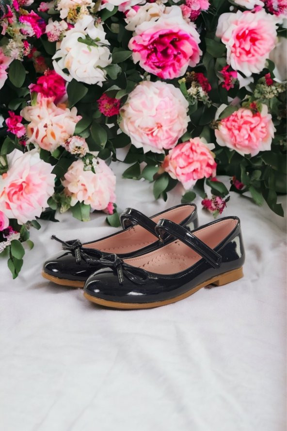 Albishoes Kız Çocuk Fiyonklu Cırtlı Rahat Taban Siyah Rugan Kız Çocuk Babet  Ayakkabı - 2