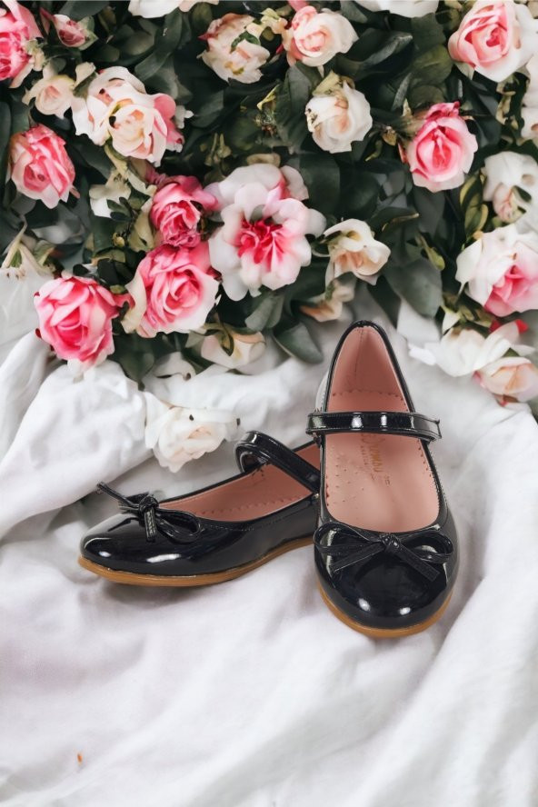 Albishoes Kız Çocuk Fiyonklu Cırtlı Rahat Taban Siyah Rugan Kız Çocuk Babet  Ayakkabı - 3