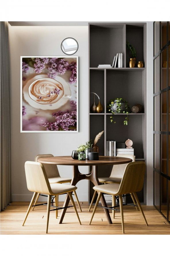 Kahve Sunum Çiçek Desenli Dekoratif  Beyaz Çerçeveli Tablo - 1