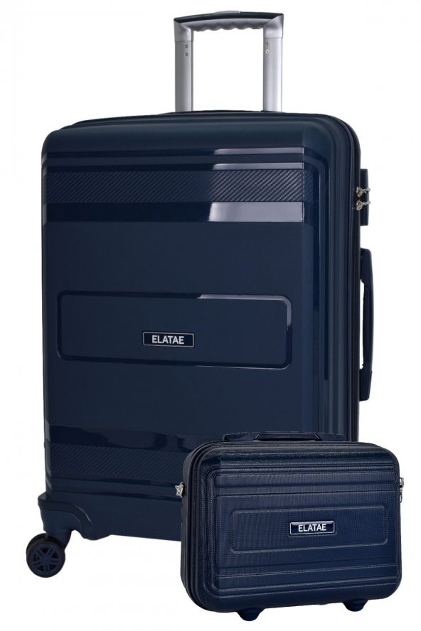 Elatae Premium Polipropilen Kırılmaz 2li Valiz Seti Büyük Boy ve Makyaj 2li Set Lacivert V305