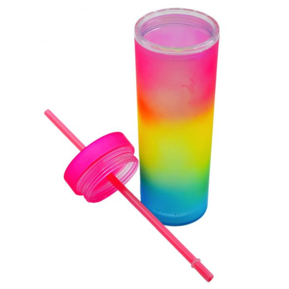 BottleBoss Çift Katmanlı Pipetli Çift Renkli Sızdırmaz Bardak Matara 480 Ml Pembe - 4