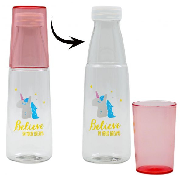 BottleBoss Renkli Bardaklı Desenli Sızdırmaz Kapaklı Su Şişesi Matara 600 Ml Pembe - 5