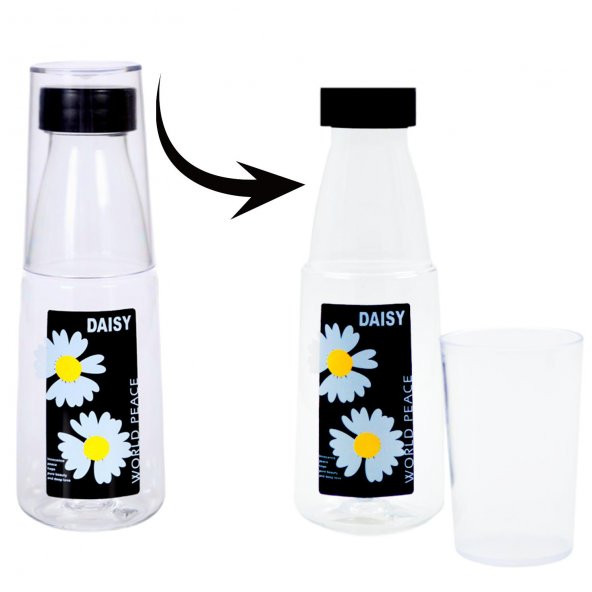 BottleBoss Renkli Bardaklı Papatya Desenli Sızdırmaz Kapaklı Su Şişesi Matara 500 Ml - 5