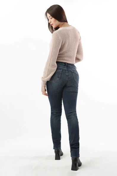 Kadın Orta Bel Jean Pantolon Lacivert - 5