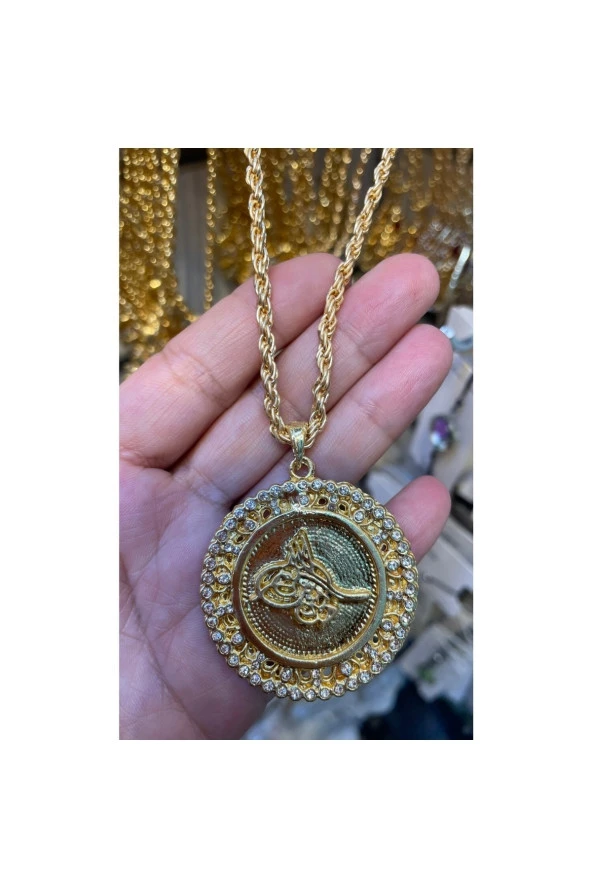 Altın Kaplama Zirkon Taşlı Yuvarlak Tuğralı Burgu Zincirli Kolye