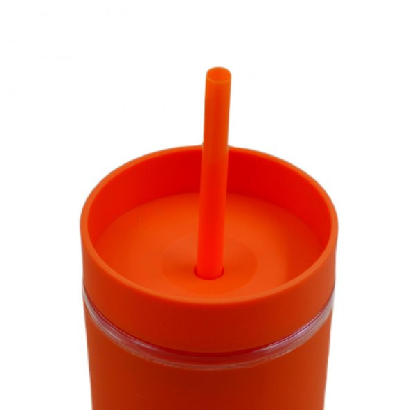 BottleBoss Çift Katmanlı Pipetli Sızdırmaz Kapak Bardak Matara 480 Ml Turuncu - 2
