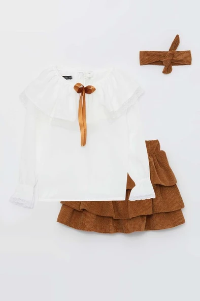 Kız Çocuk Üstü Volanlı Dantel İşlemeli Fırfırlı Taba Etekli Takım - Resim 5