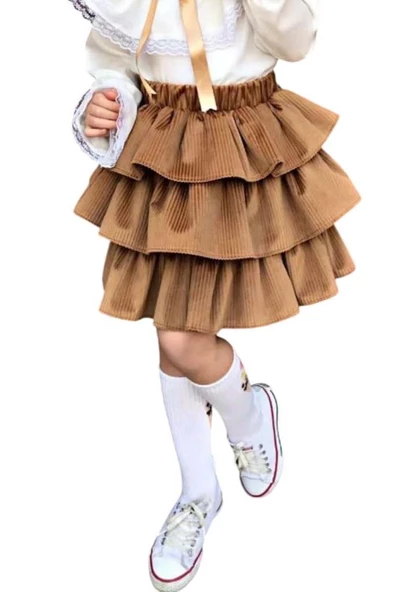 Kız Çocuk Üstü Volanlı Dantel İşlemeli Fırfırlı Taba Etekli Takım - Resim 3