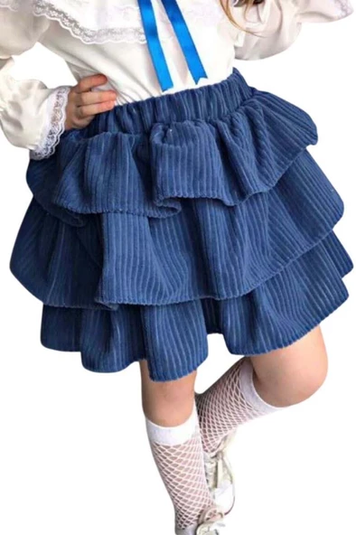 Kız Çocuk Üstü Volanlı Dantel İşlemeli Fırfırlı Mavi Etekli Takım - Resim 3