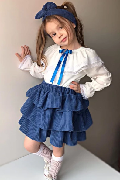 Kız Çocuk Üstü Volanlı Dantel İşlemeli Fırfırlı Mavi Etekli Takım - Resim 6