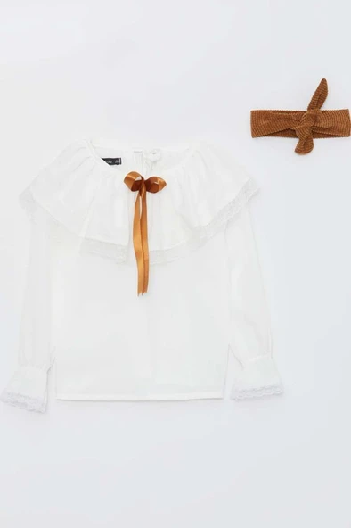 Kız Çocuk Üstü Volanlı Dantel İşlemeli Fırfırlı Taba Etekli Takım - Resim 10