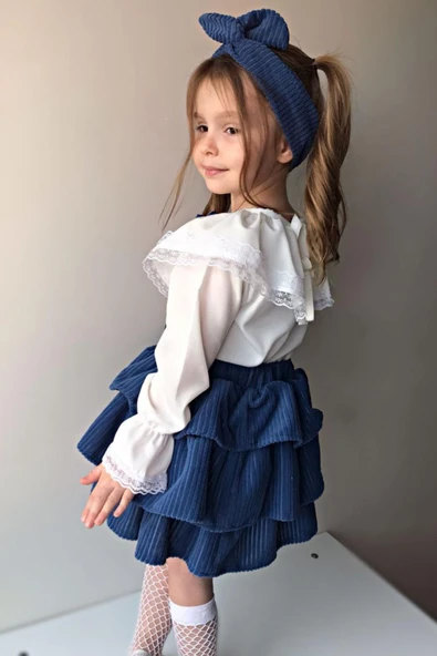 Kız Çocuk Üstü Volanlı Dantel İşlemeli Fırfırlı Mavi Etekli Takım - Resim 7