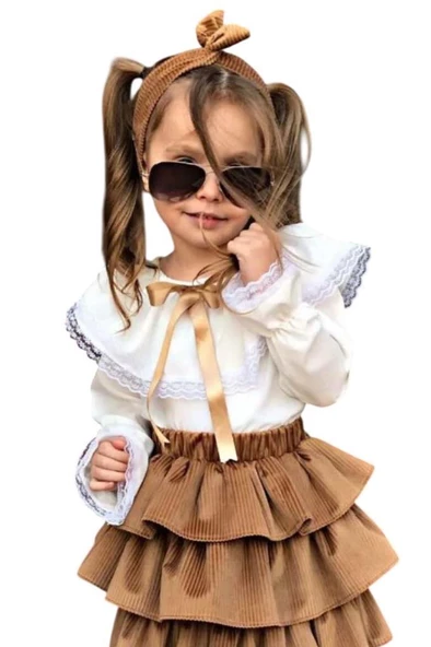 Kız Çocuk Üstü Volanlı Dantel İşlemeli Fırfırlı Taba Etekli Takım - Resim 2