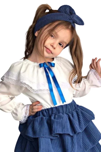 Kız Çocuk Üstü Volanlı Dantel İşlemeli Fırfırlı Mavi Etekli Takım - Resim 2